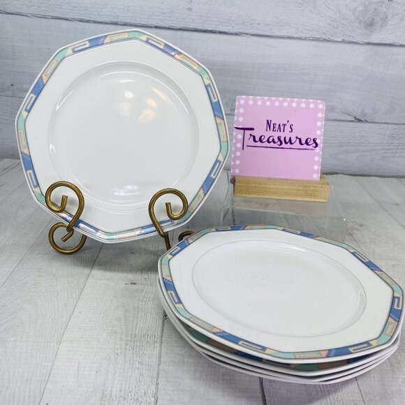 Christopher Stuart SOUTHWEST Green Blue Coral Rim White China Salad Plates Set 5 - Picture 1 of 16